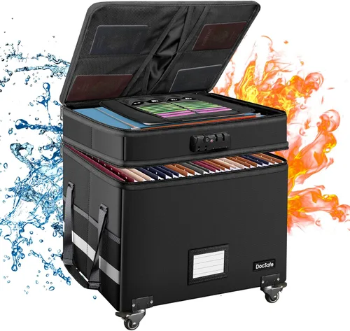 Vista 10 de DocSafe Caja de documentos ignífuga con cerradura, caja de archivos de 2 capas con ruedas, organizador de almacenamiento de archivos plegable