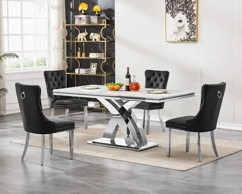 Vista 18 de Mesa de comedor de mármol blanco y dorado de 68.11 pulgadas con 4 sillas de comedor de terciopelo beige, juego de mesa de comedor de mármol