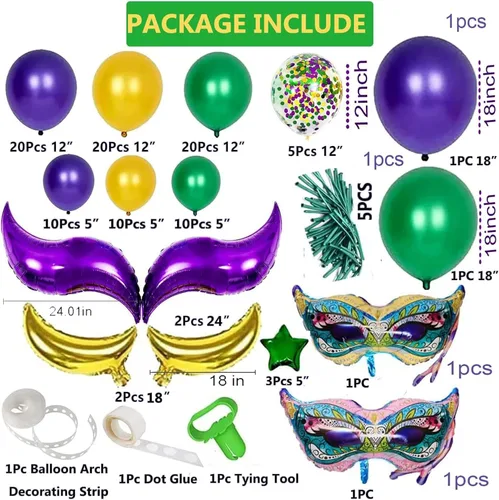 Vista 6 de 114 globos de Mardi Gras de gran tamaño, máscara de luna y estrella, globos de aluminio para Mardi Gras, cumpleaños, baby shower, mascarada, fiesta