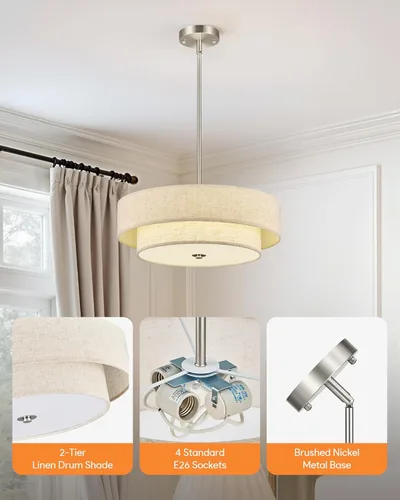 Vista 5 de VONLUCE Candelabros modernos, candelabros de tambor de 18 pulgadas con pantalla de tela de 2 capas, lámpara colgante de 4 luces con base E26