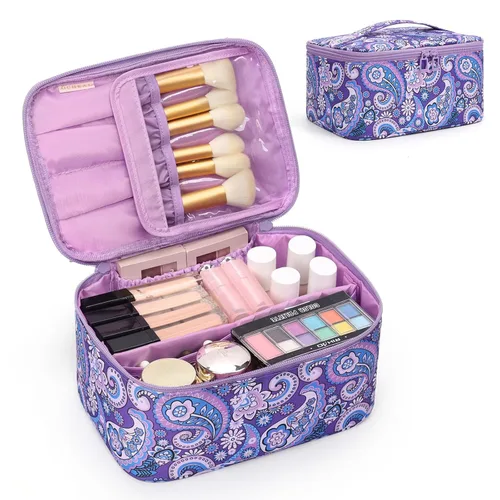 Vista 36 de OCHEAL - Bolsa de maquillaje grande con doble capa, estuche de cosméticos de almacenamiento vertical para mujeres o niñas con múltiples