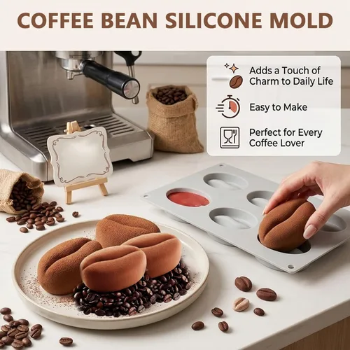 Vista 2 de Coffee Bean Mold 6-Cavity Silicone Baking Mold with Lip Design for Chocolate, Gummy Candy, Ice Cubes, Creative Kitchen Tool..