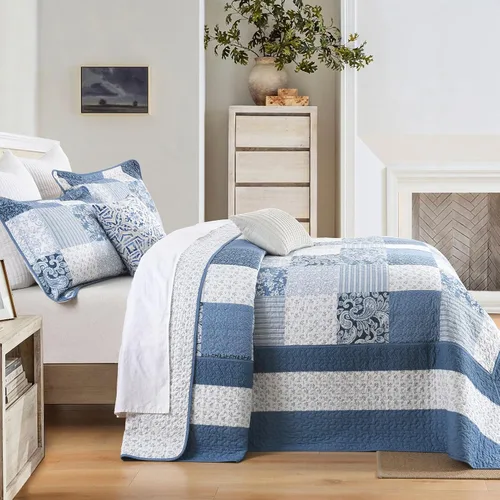 Vista 3 de Colcha tamaño Queen 100% algodón de 120 x 102 pulgadas, juego de edredón de gran tamaño, colcha extragrande de granja, patrón botánico a cuadros