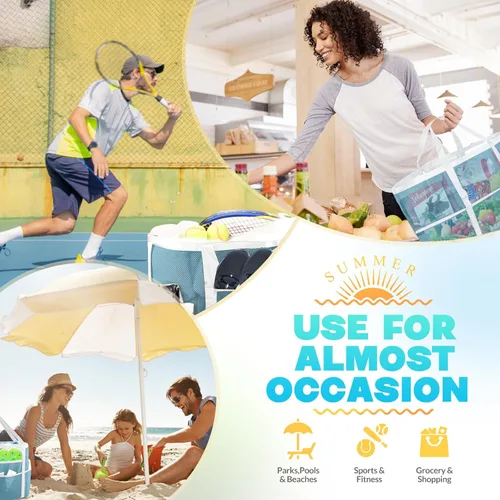 Vista 5 de EASYFUN Bolsa de playa grande de malla, bolsa de playa ligera con 9 bolsillos, accesorios de playa plegables