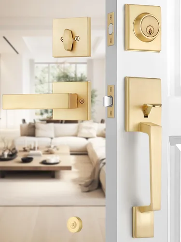 Vista 20 de EHOMEWARE - Juego de manijas de puerta delantera doble de latón, manija de puerta de latón cuadrado resistente en oro y cerradura de un solo