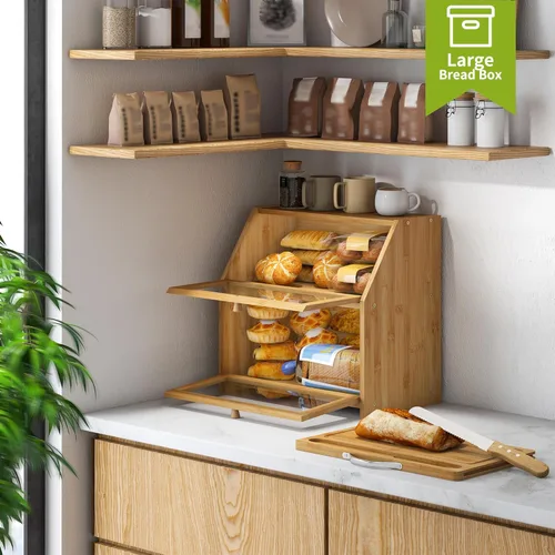 Vista 6 de BMOSU Panera con tabla de cortar, organizador de almacenamiento de pan de cocina, encimera de granja, caja de pan doble de madera de bambú (natural)