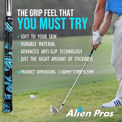Vista 4 de ALIEN PROS Paquete de 6 cintas de envoltura con agarre de golf Blue Waves & Black Clouds Mix - ReGrip en 1 minuto