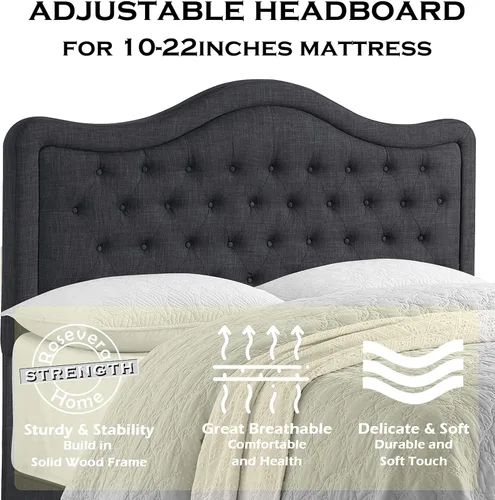 Vista 9 de Rosevera Turin Linen - Cama tapizada con paneles y cabecero capitonado con botones ajustables para dormitorio, tamaño Queen, color gris