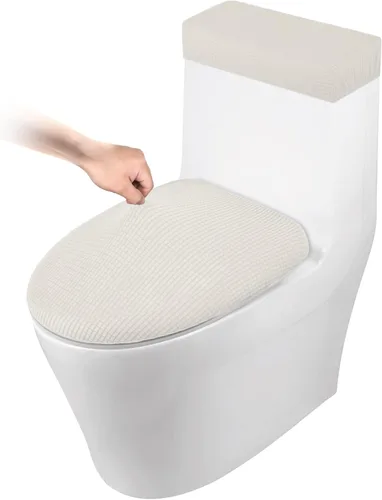 Vista 17 de Funda para tapa de inodoro y funda para tanque de inodoro, juego de fundas elásticas para inodoro para baño, tela jacquard de poliéster y elastano
