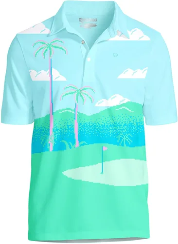 Tipsy Elves Camiseta polo de golf divertida para hombre - Ropa de golf novedosa Paraíso azul de 8 bits