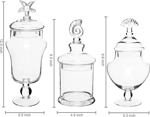 Vista 5 de MyGift Tarros de boticario de vidrio transparente con tapa, recipiente decorativo de baño con diseño de conchas marinas, recipientes para bufé