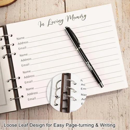 Vista 3 de Creawoo Libro de visitas funerario de madera para servicio conmemorativo, decoración de celebración de la vida, juego de libro de visitas de tapa