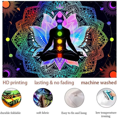 Vista 5 de Torich Tapiz de siete chakras, luz negra, meditación reactiva a los rayos UV y espiritual para yoga, pósteres verticales, hippie mandala trippy