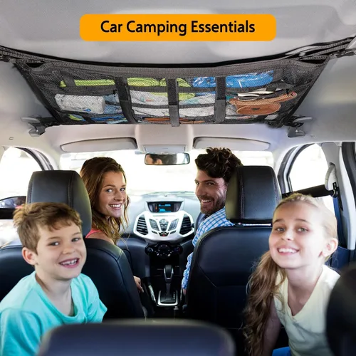 Vista 7 de Red de carga para techo de coche con 3 bolsillos, organizador de malla de almacenamiento para techo de coche de 79.9 x 54.9 cm, red de malla