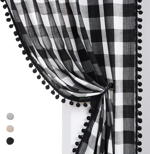 Treatmentex Cortinas a cuadros blancos y negros de 45 pulgadas, con pompones, semitransparentes, para sala de estar, dormitorio, cortinas rústicas