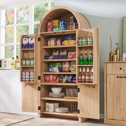 Vista 3 de IFGET Despensa de cocina arqueada de 71 pulgadas de alto, moderno armario de almacenamiento de madera estriada con puertas, 3 estantes ajustables, 6