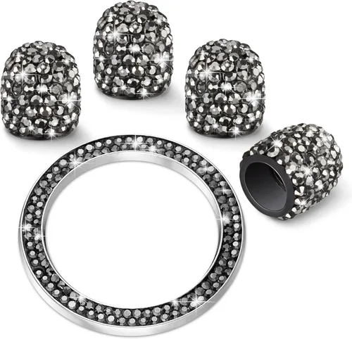 Vista 12 de WINKA 4 tapones para válvula de neumático de automóvil con diamantes de imitación, 1 cubierta de botón de motor de automóvil, anillo de encendido