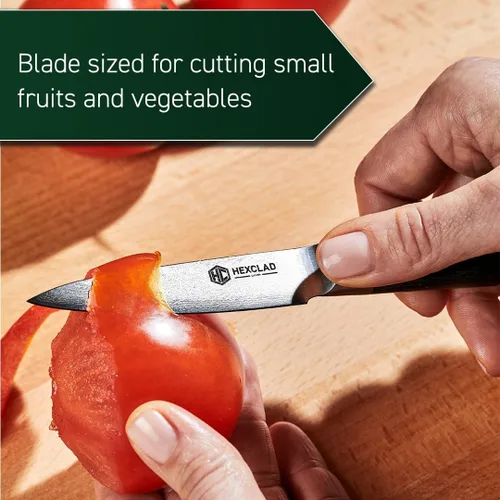 Vista 6 de Cuchillo de cocina HexClad, hoja de acero inoxidable japonés de Damasco de 3.5 pulgadas, mango de Pakkawood
