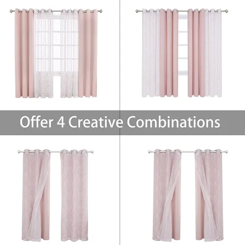 Vista 4 de BONZER Cortinas para Mezclar y Combinar - 2 Piezas de Cortinas Transparentes con Estampado de Ramas y 2 Piezas de Cortinas Opacas para Dormitorio