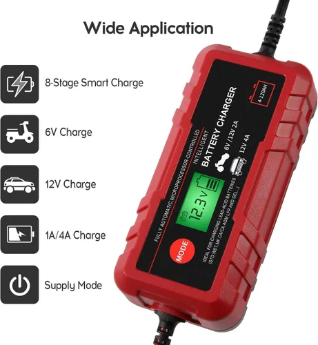 Vista 3 de Cargador de batería inteligente de automóvil 4A, cargador automotriz de 6 V 12 V, mantenedor completamente automático, cargador de goteo de 8 etapas