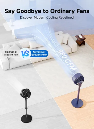 Vista 2 de AIRMATE Ventilador de pie para dormitorio, ventilador de pedestal de aspas de 9" con control remoto, motor DC, 12 velocidades, silencioso 25dB