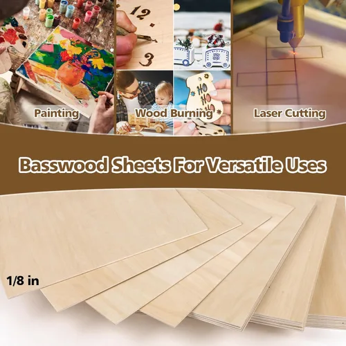 Vista 6 de Adrattnay Hojas de Tilo de 3mm - 3/8 x 30,5 x 30,5 cm, 24 piezas de madera contrachapada cuadrada de tilo para corte láser y grabado DIY, grabado