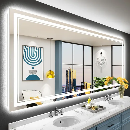 Vista 63 de Espejo de baño LED de 48 x 30 pulgadas con luces, retroiluminado + frontal iluminado, espejo de tocador con luz antiniebla para pared de baño con 3