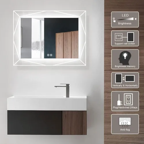 Vista 3 de Espejo de tocador con luces de 28 x 36 pulgadas, espejo LED para baño, espejo de baño iluminado, antiniebla, regulable (horizontalvertical), espejos