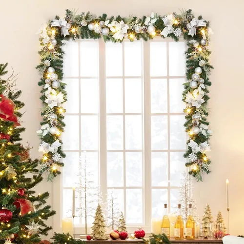 Vista 5 de Guirnalda de Navidad iluminada de 6 pies, guirnalda de Navidad a pilas con 20 luces LED, adornos de bola blanca plateada, lazo de conos de pino