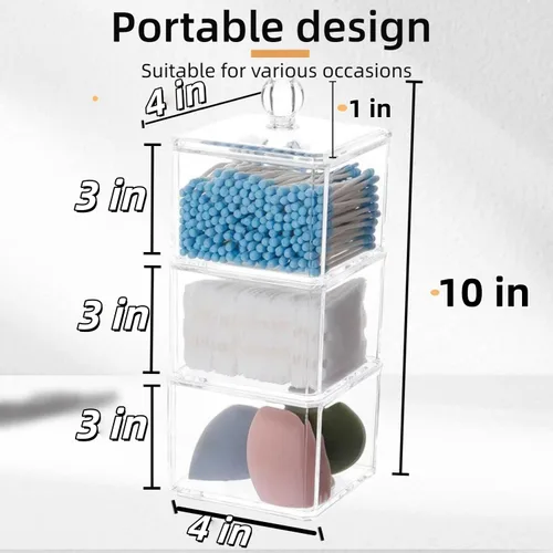 Vista 2 de Soporte cuadrado apilable de bolas de algodón acrílico, soporte para Q-tip Dispensador de hisopos de baño (paquete de 3)