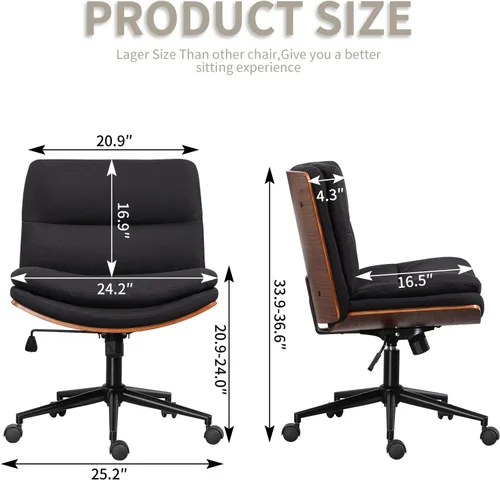Vista 21 de Armless Modern Walnut Office Desk Chair with Wheels, PU Leather Adjustable Wide Swivel Executive Task Chair, Ergonomic Cross Legged Computer Chair