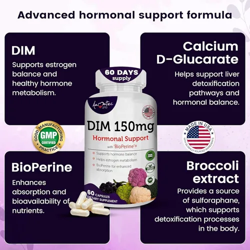 Vista 3 de Complejo DIM para mujer de 150 mg – Bioperine Estrogen Balancing Pills para la menopausia y los sofocos, alivio del acné hormonal, potente