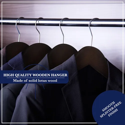 Vista 7 de Perchas de madera – Perchas antideslizantes de lujo de madera de loto natural y terciopelo para trajes y pantalones – 360 ganchos giratorios – 20