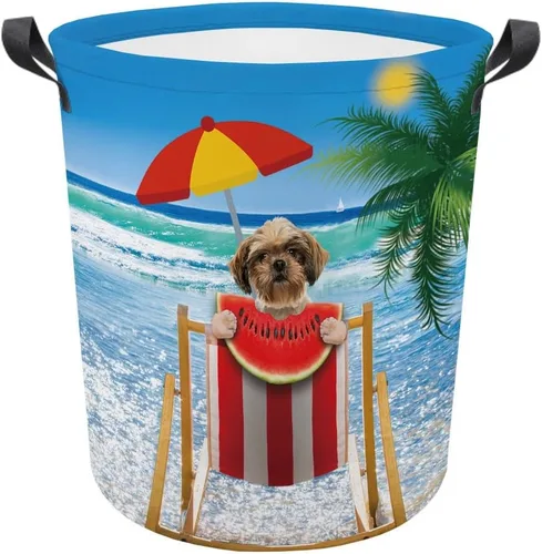 Vista 13 de Cesta plegable con estampado de perro, linda cesta de lavandería Shih Tzu sandía con asa, caja de juguetes, bolsa de almacenamiento para dormitorio