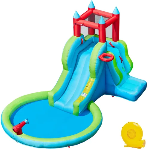Yaheetech Tobogán acuático inflable para niños, tobogán inflable 5 en 1 para exteriores para niños de 3 a 8 años con cañón de agua, aro de