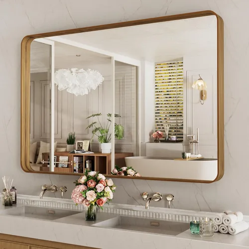 Vista 60 de LOAAO - Espejo de tocador para baño con marco de metal negro mate de 48 x 32 pulgadas para pared, rectangular, grande, redondeado, anticorrosión