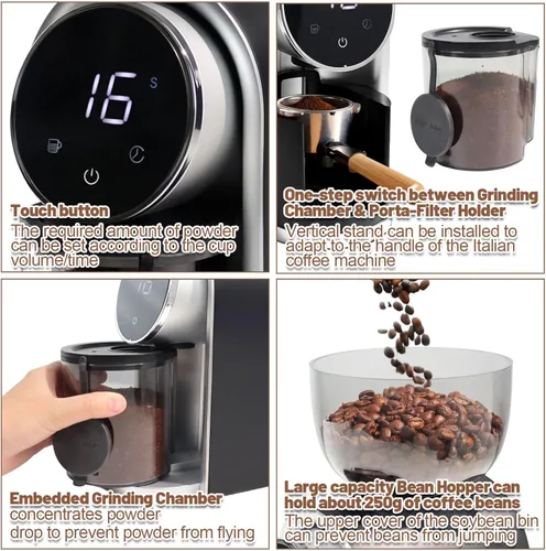 Vista 6 de Molinillo de café eléctrico con pantalla táctil, 2-14 tazas, molinillo de café cónico con 25 ajustes de molienda, cepillo de limpieza, molienda Negro