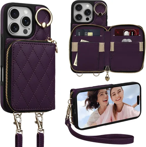 Vista 45 de Keallce Funda para iPhone 12 Pro/iPhone 12 de 6.1 pulgadas, cartera cruzada con cremallera para mujer, tarjetero con bloqueo RFID, funda de cuero
