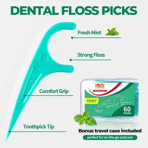 Vista 2 de Palillos de hilo dental, 300 palillos de hilo dental menta, palillos de dientes con 5 estuches de viaje para mayor comodidad, ayuda a prevenir