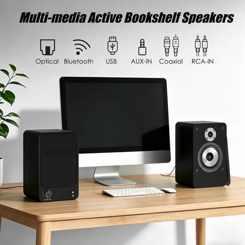 Vista 2 de LONPOO Altavoces de estantería alimentados para tocadiscos, monitores de campo cercano activos Bluetooth de 2.0 canales con tweeter de cúpula