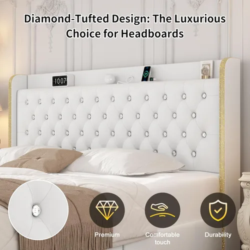 Vista 5 de Base de cama LED Queen con 4 cajones, cargador de proyector de galaxia estrella, altavoz de música, cabecera tapizada con respaldo de ala, marco