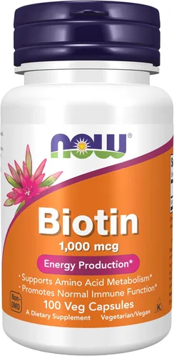 NOW Foods Suplementos, Biotina 1000 mcg, Metabolismo de Aminoácidos*, Producción de Energía*, 100 Cápsulas