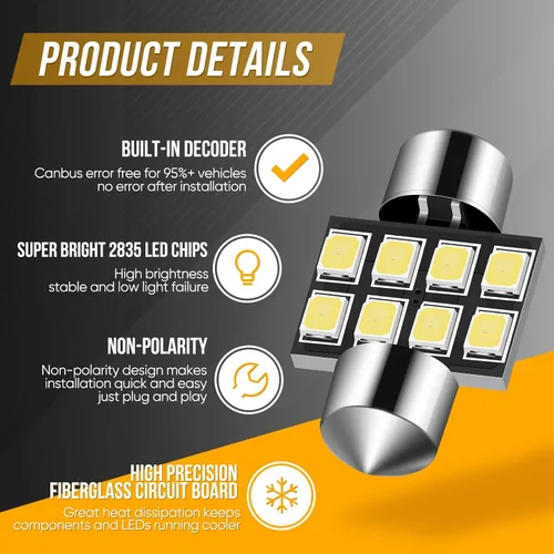 Vista 2 de Audak DE3175 DE3022 DE3021 3175 6428 Festoon - Bombilla LED Canbus de 1.181 in, libre de errores, para interiores, cúpula, mapa, luces de puerta