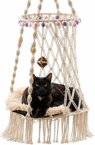 KARCEEY Cama colgante para gatos, hamaca de macramé para gatos, cama columpio bohemia con alfombrilla de hierba gatera