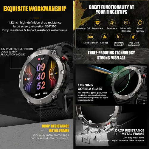 Vista 4 de Reloj inteligente militar para hombre (recepción de llamadas/dial), reloj inteligente táctico impermeable al aire libre Bluetooth, llamadas diarias