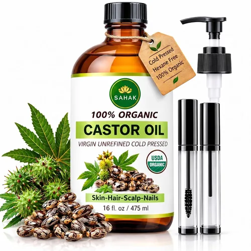 Aceite de ricino orgánico (botella de vidrio de 16 onzas con bomba) – 100% puro extra virgen, prensado en frío, sin hexano, hidratante para el