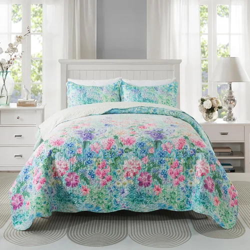 Vista 29 de Travan Juego de Edredón de 3 Piezas Colcha Acolchada Ligera Juego de Cubrecama Reversible con Estampado Floral Juego de Ropa de Cama Acolchada