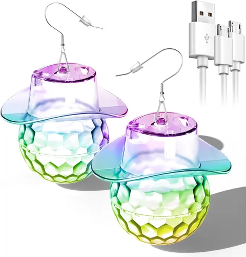Vista 10 de Aretes iluminados con forma de bola de discoteca rombica con 16 modos de luz, recargables de los años 60, 70, 80, para mujer, para concierto, fiesta