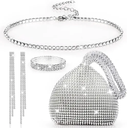 Hooqict Juego de joyas de diamantes de imitación para mujer, 4 piezas con purpurina triangular, monedero de embrague con borla, aretes, gargantilla,