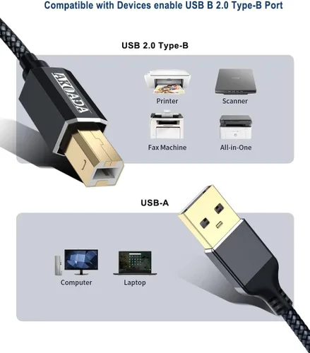 Vista 7 de AkoaDa Cable de impresora USB 2.0 de 20 pies, USB tipo A macho a B macho, cable de escáner de alta velocidad compatible con HP, Brother, Canon, Negro